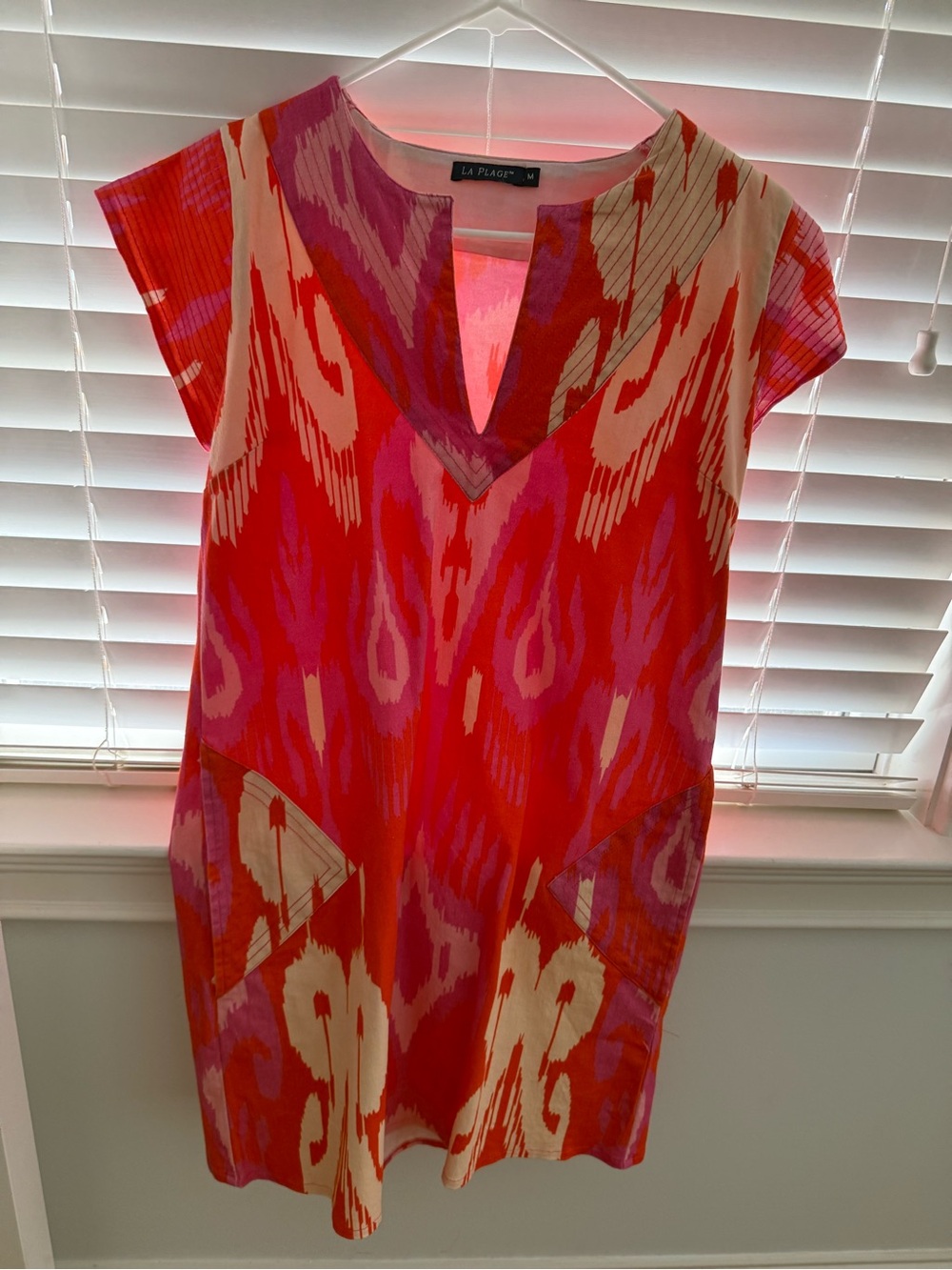 La Plage Pink & Orange Ikat Cap-Sleeve Mini/knee length.   pockets too